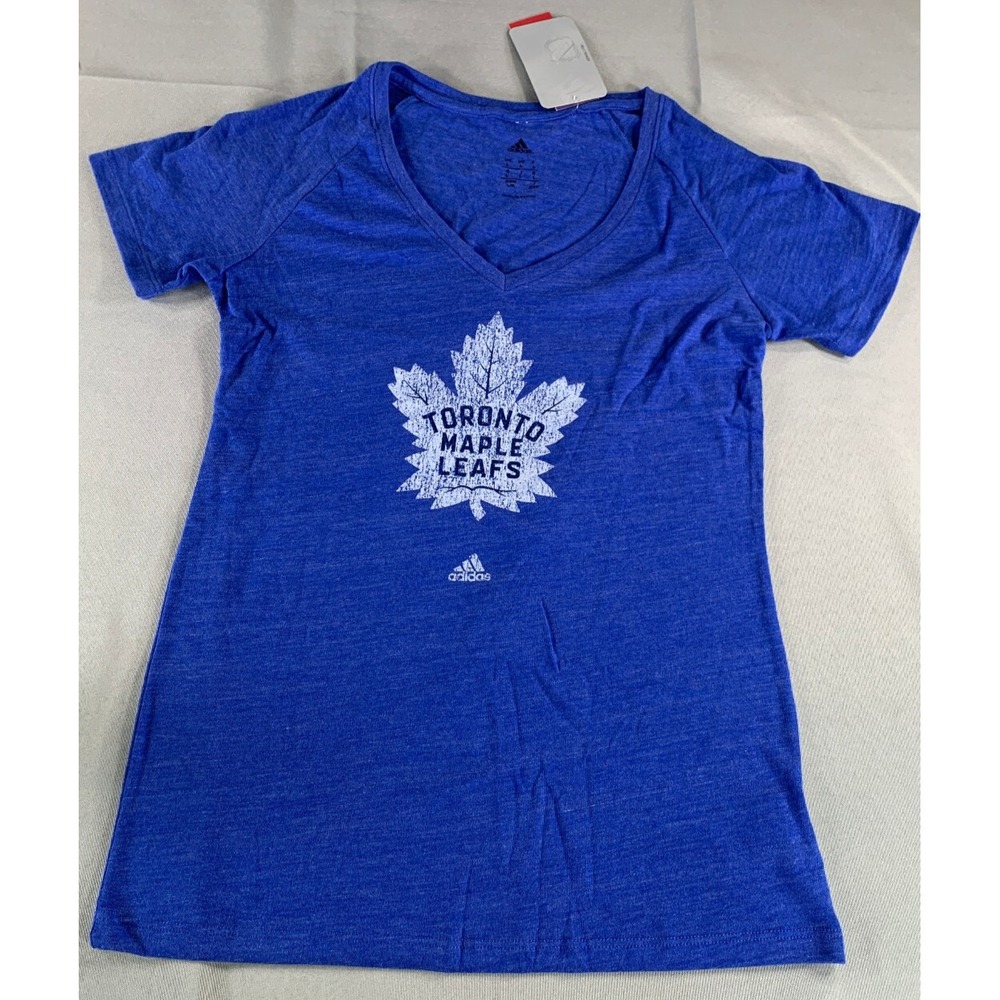 Adidas NHL‎ Toronto Maple Leafs Shirt L Blue V-Neck Tri-Blend Logo Tee WMN NWT